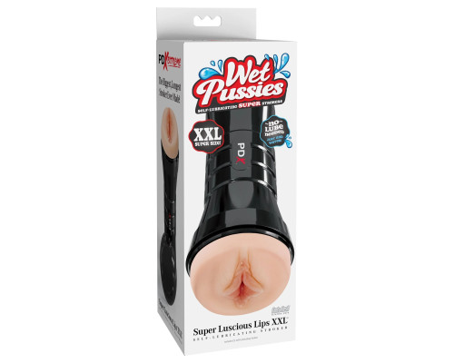 Телесный мастурбатор-вагина в черной колбе Super Luscious Lips XXL