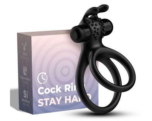 Черное эрекционное виброкольцо с подхватом мошонки Stay Hard