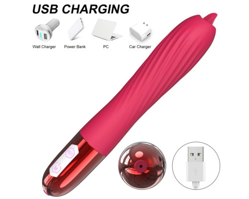 Розовый вибратор с функцией нагрева и подвижным язычком - 18 см.