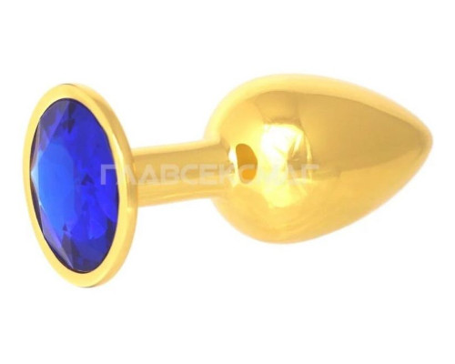 Золотистая анальная пробка с синим кристаллом - 7 см.