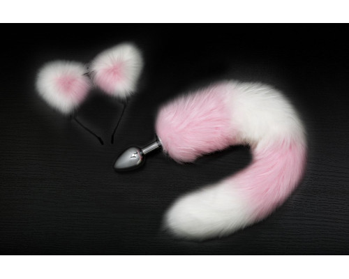 Серебристая анальная пробка с розово-белым хвостиком и ободком-ушками