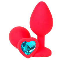 Красная силиконовая анальная пробка с голубым стразом-сердцем - 8 см.