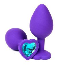 Фиолетовая силиконовая анальная пробка с голубым стразом-сердцем - 8 см.