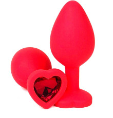 Красная силиконовая анальная пробка с красным стразом-сердцем - 8,5 см.