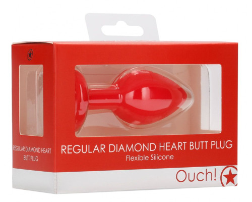 Красная анальная пробка с прозрачным стразом Diamond Heart Butt Plug - 7,3 см.