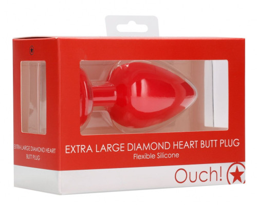 Красная анальная пробка с прозрачным стразом Extra Large Diamond Heart Butt Plug - 9,5 см.