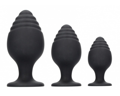 Набор из 3 черных анальных пробок Rippled Butt Plug Set