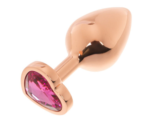 Золотистая анальная пробка OYO с ярко-розовым кристаллом-сердцем - 7,3 см.