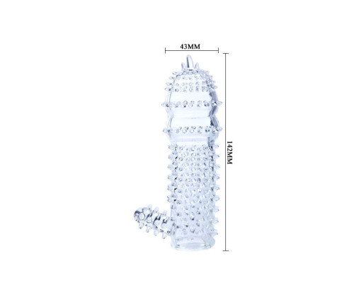 Прозрачная насадка на пенис с шипами и стимулятором клитора - 14,2 см.
