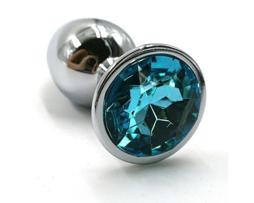 Серебристая алюминиевая анальная пробка с голубым кристаллом - 6 см.