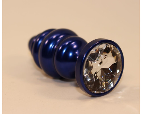Синяя рифлёная пробка с прозрачным кристаллом - 7,3 см.