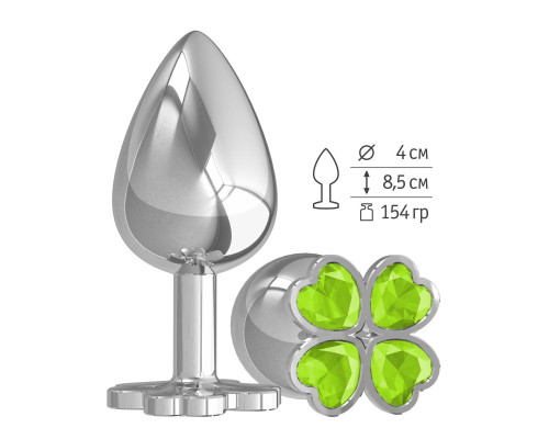 Серебристая анальная пробка-клевер с салатовым кристаллом - 9,5 см.