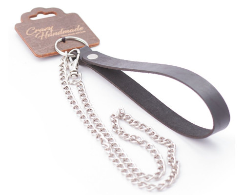 Серебристый металлический поводок с кожаной черной ручкой - 80 см.