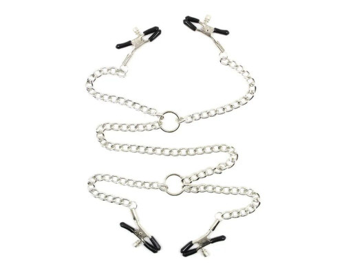 Серебристые зажимы для сосков и половых губ на тонкой цепочке