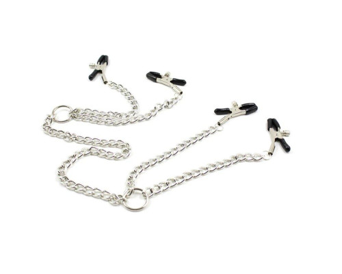 Серебристые зажимы для сосков и половых губ на тонкой цепочке