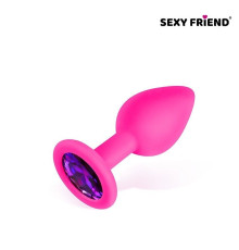 Розовая силиконовая анальная втулка с фиолетовым кристаллом - 7,3 см.