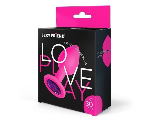 Розовая силиконовая анальная втулка с фиолетовым кристаллом - 7,3 см.