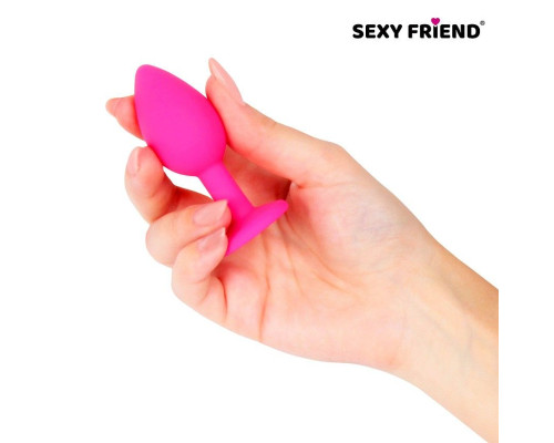 Розовая силиконовая анальная втулка с фиолетовым кристаллом - 7,3 см.