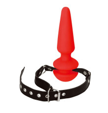Красный кляп-плаг из силикона на черных регулируемых ремешках