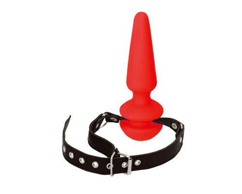 Красный кляп-плаг из силикона на черных регулируемых ремешках