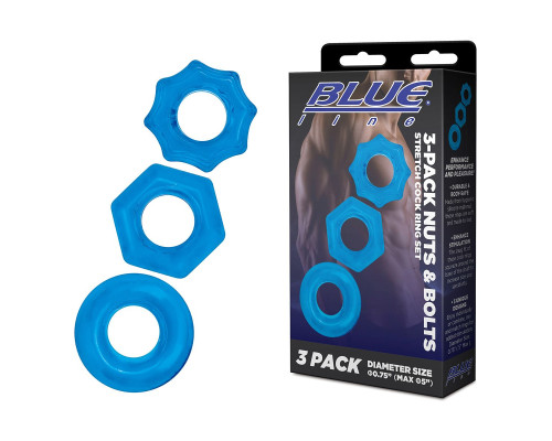 Комплект из трех голубых колец для эрекции 3-Pack Nuts   Bolts Stretch Cock Ring Set