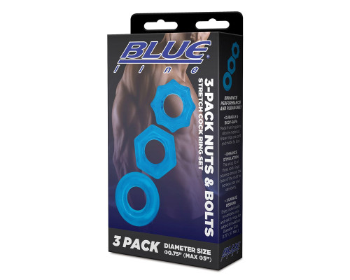 Комплект из трех голубых колец для эрекции 3-Pack Nuts   Bolts Stretch Cock Ring Set