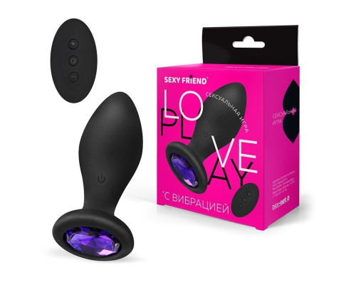 Черная вибровтулка с фиолетовым кристаллом и пультом ДУ - 8,5 см.
