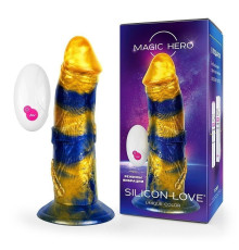 Желто-синий фантазийный вибратор с пультом ДУ - 21,5 см.