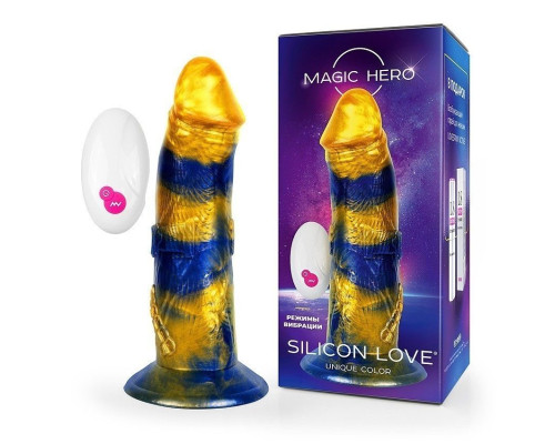 Желто-синий фантазийный вибратор с пультом ДУ - 21,5 см.