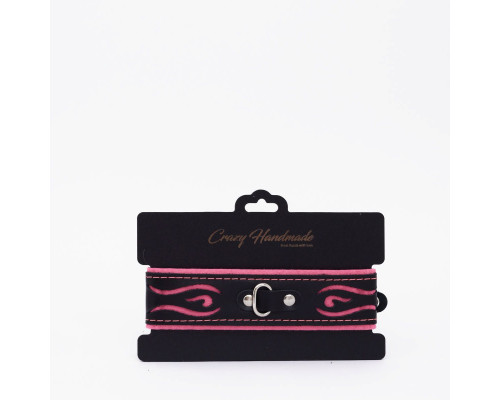 Черно-розовый кожаный ошейник с розовой строчкой