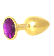 Золотистая анальная пробка с фиолетовым кристаллом - 7 см.