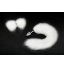 Серебристая анальная пробка с белым хвостиком и ободком-ушками