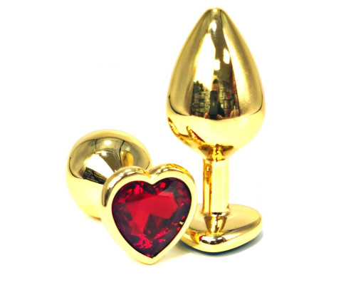 Золотистая анальная пробка с красным кристаллом-сердцем - 6,5 см.