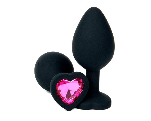 Черная силиконовая пробка с розовым кристаллом-сердцем - 10,5 см.