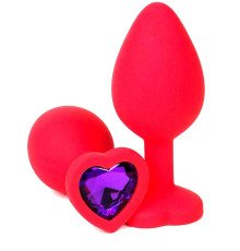 Красная силиконовая анальная пробка с фиолетовым стразом-сердцем - 8,5 см.