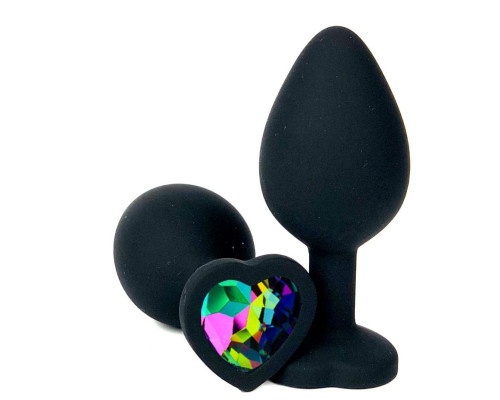Черная силиконовая пробка с разноцветным кристаллом-сердечком - 8 см.