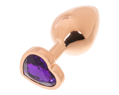 Золотистая анальная пробка OYO с фиолетовым кристаллом-сердцем - 7,3 см.
