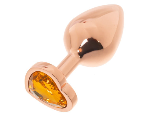 Золотистая анальная пробка OYO с желтым кристаллом-сердцем - 7,3 см.