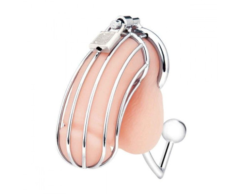 Серебристая металлическая клетка с анальным стимулятором Cock Cage