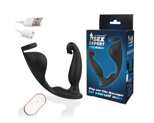 Черный анальный вибромассажёр с эрекционным кольцом и подхватом для мошонки - 12,8 см.