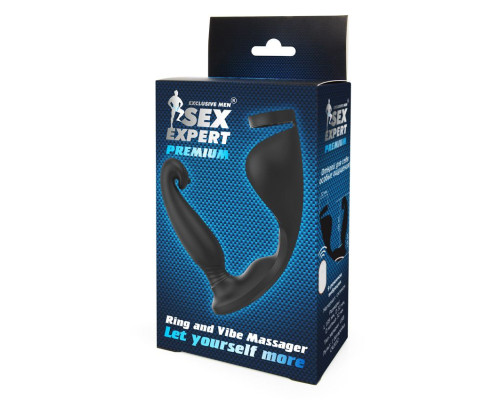 Черный анальный вибромассажёр с эрекционным кольцом и подхватом для мошонки - 12,8 см.