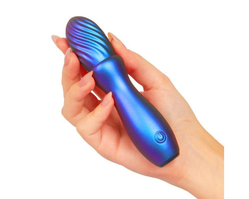 Синий вибромассажёр со спиралевидным рельефом - 14 см.