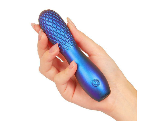 Синий вибромассажер с рельефной головкой - 14 см.