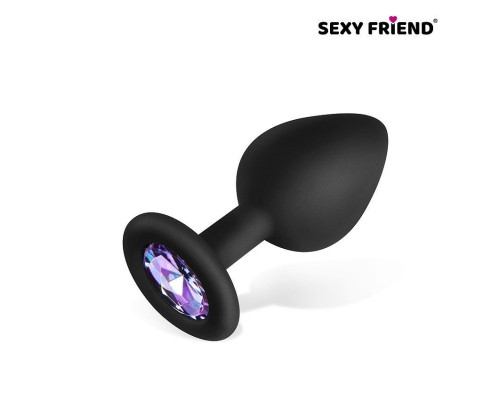 Черная силиконовая анальная втулка с сиреневым кристаллом - 8 см.