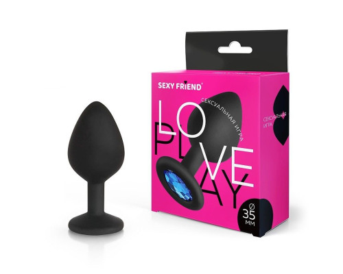 Черная силиконовая анальная втулка с голубым кристаллом - 8 см.