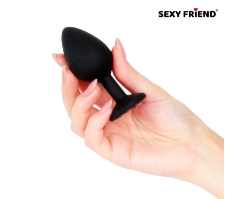 Черная силиконовая анальная втулка с голубым кристаллом - 8 см.