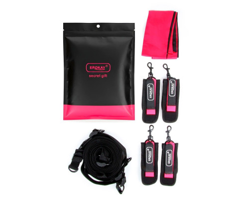 Черно-розовый эротический набор: фиксатор, оковы, наручники, повязка